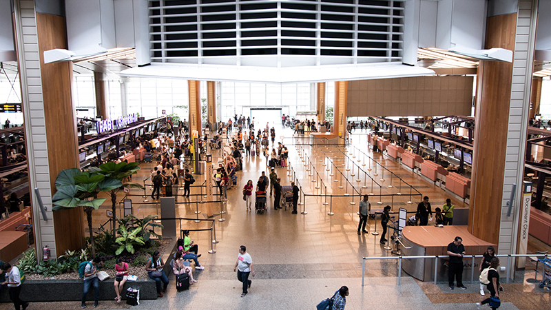 The check-in aisles at Changi Airport